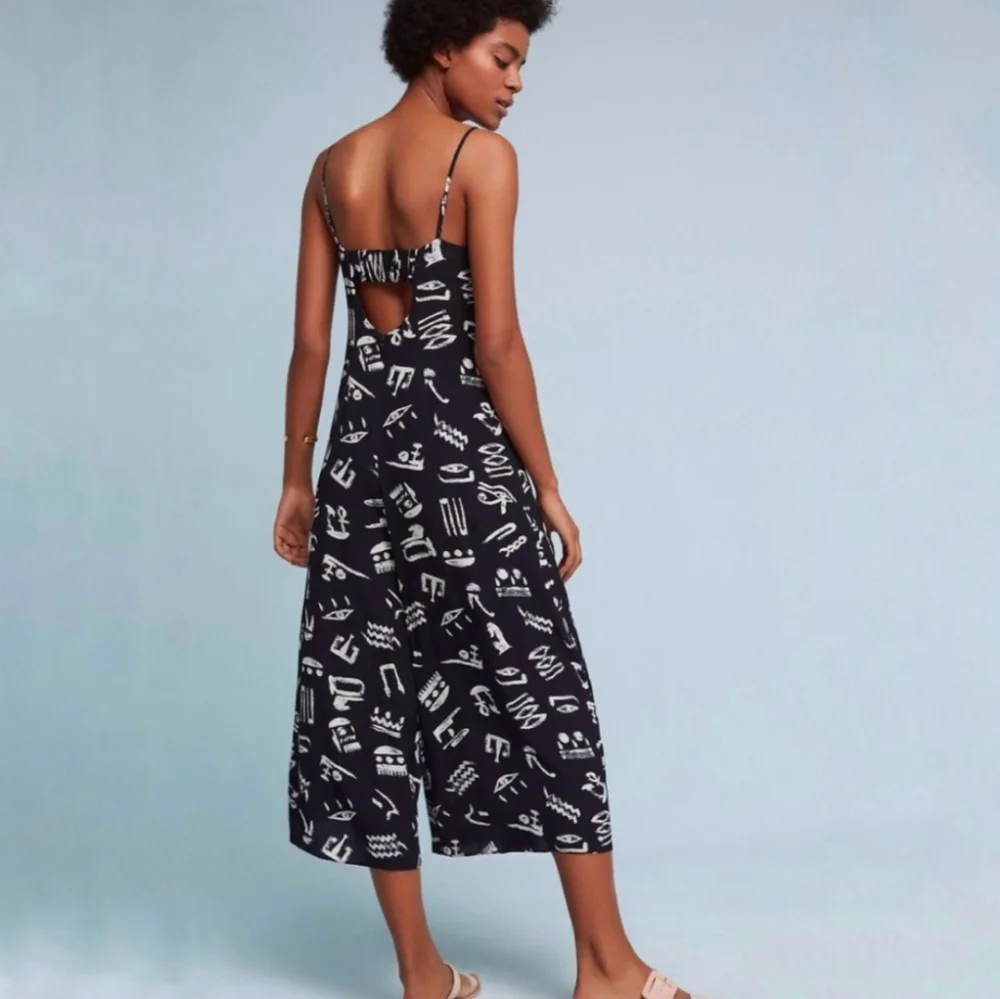 Anthropologie- Maeve | Black Day Trip Cropped Wide Leg Printed Jumpsuit - Picture 2 of 9